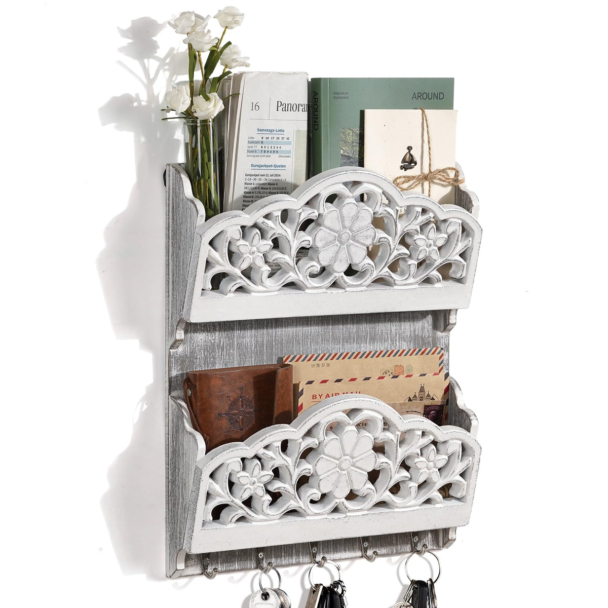White Wood Mail and Key Holder, 2 Slots, 5 Hooks, Cut-Out Pattern