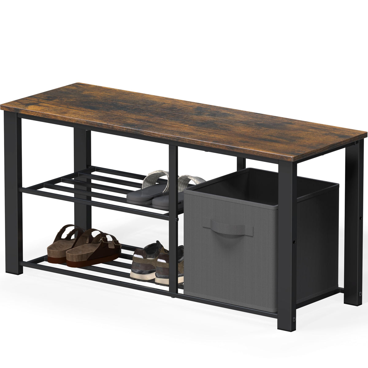 Shoe Rack Bench with Storage Cubby, 35 Inch, Rustic Brown Wood Top