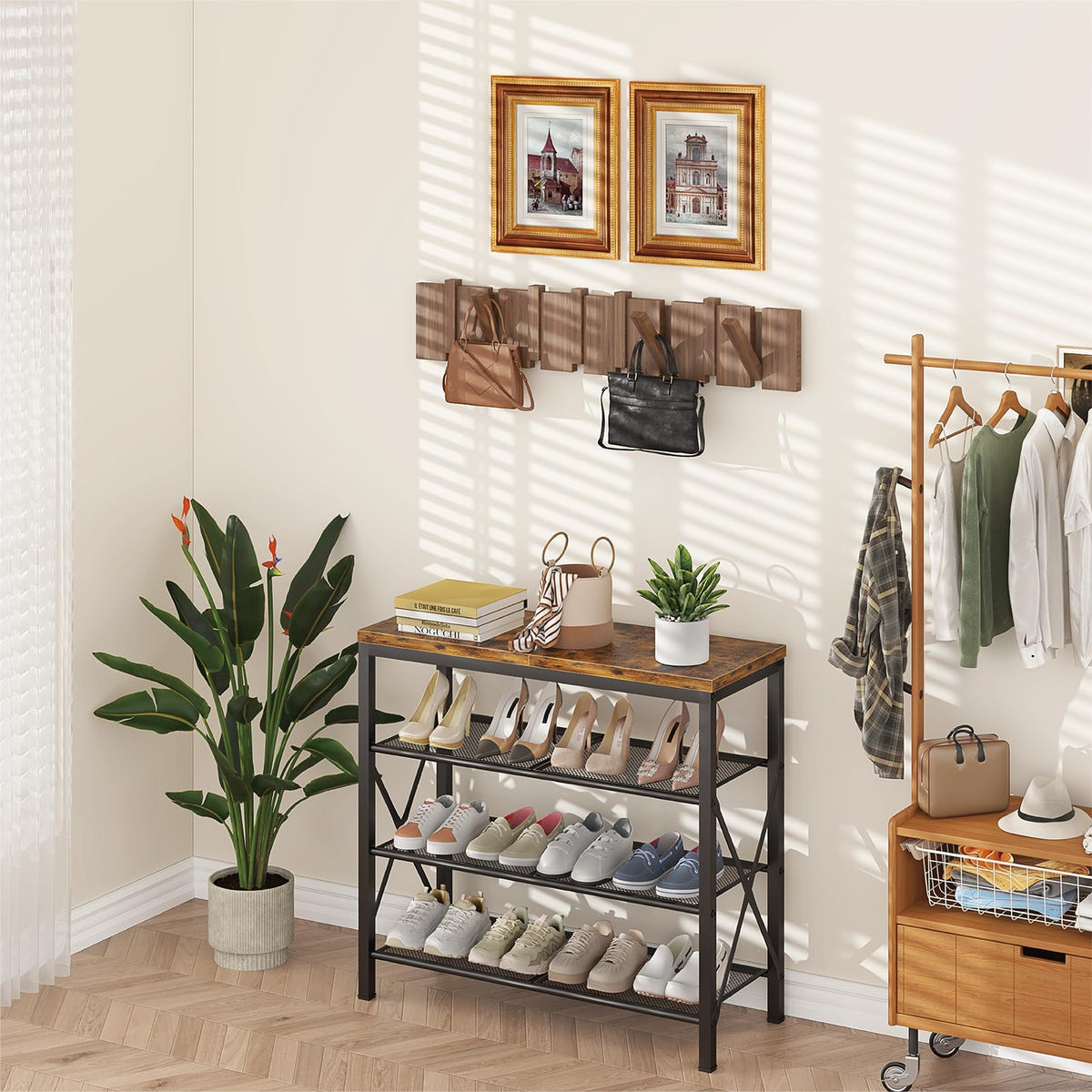 4 Tier Shoe Shelf with Rustic Brown Wood Top, Metal Frame