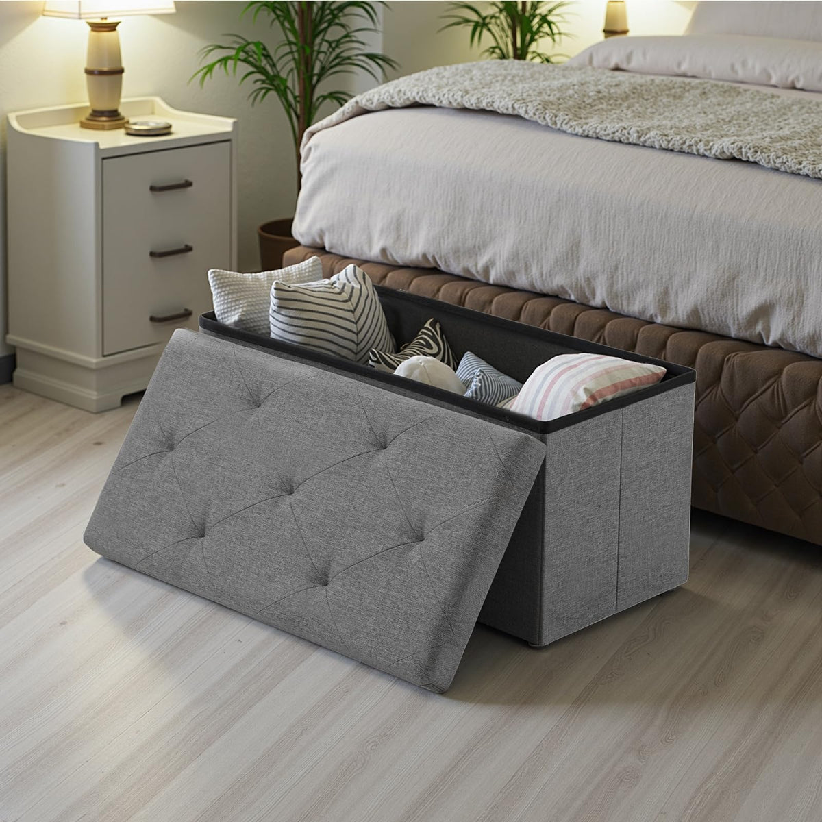 Linen Grey Storage Ottoman Bench, 30 Inch, Folding with Divider