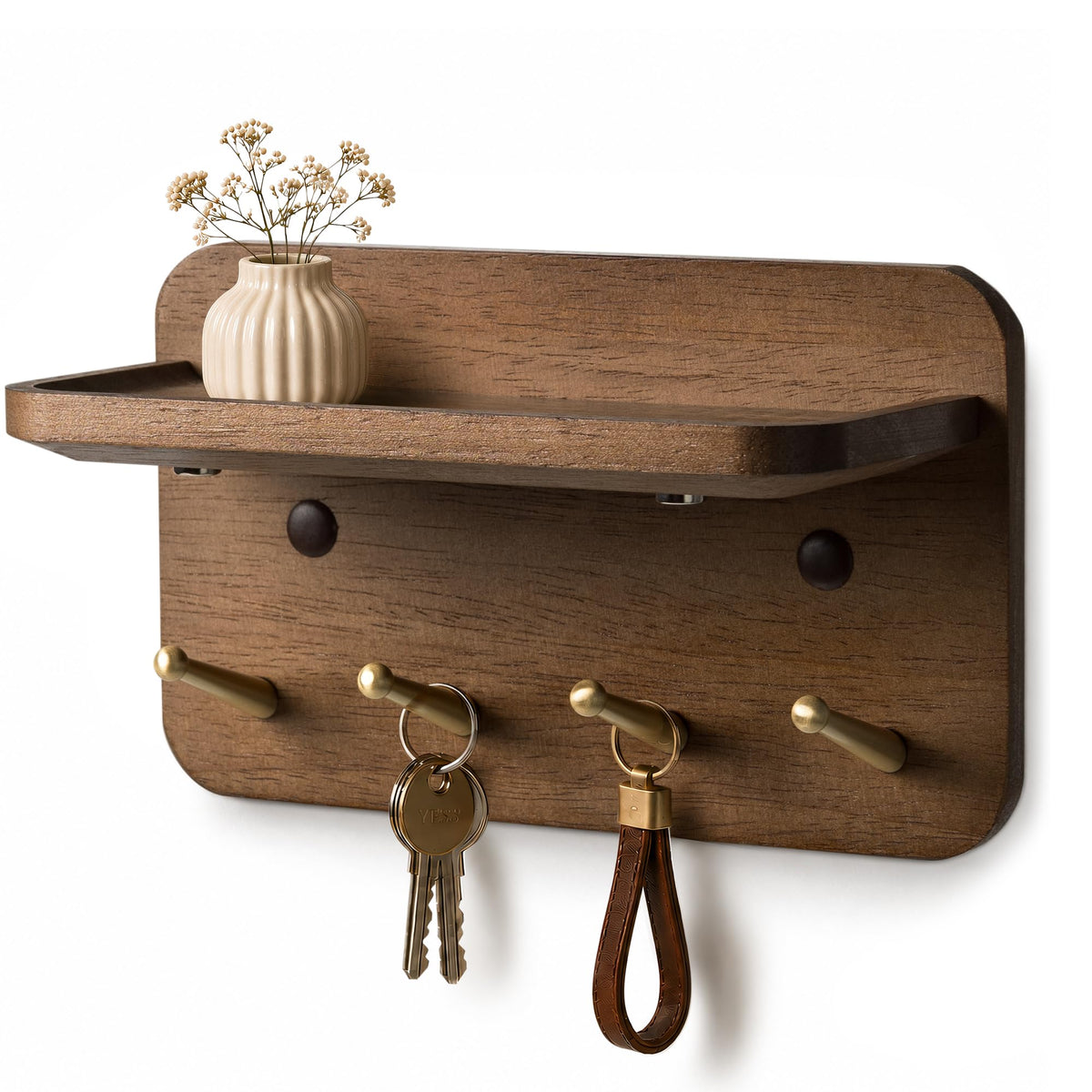 Solid Wood Key Holder with 4 Brass Hooks and Magnets, Vintage Brown