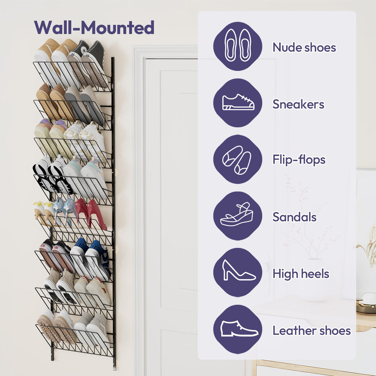 Black Over the Door Shoe Rack, 8 Tier Metal, 74 Inch Tall