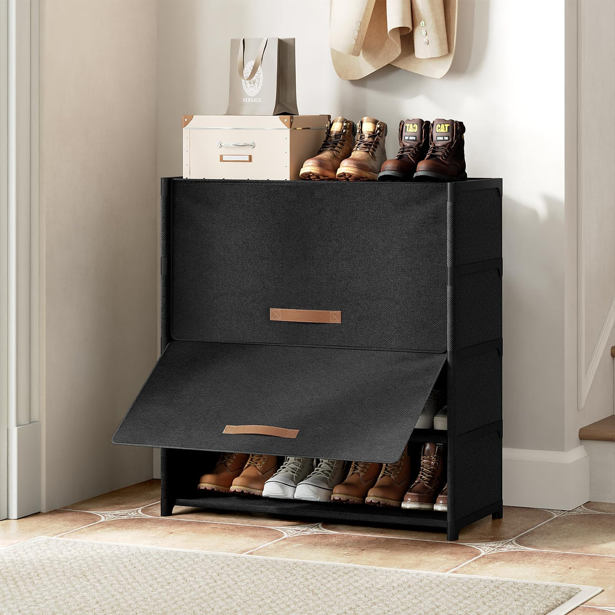 5 Tier Fabric Shoe Cabinet with Cover, Holds 20 Pairs, Black