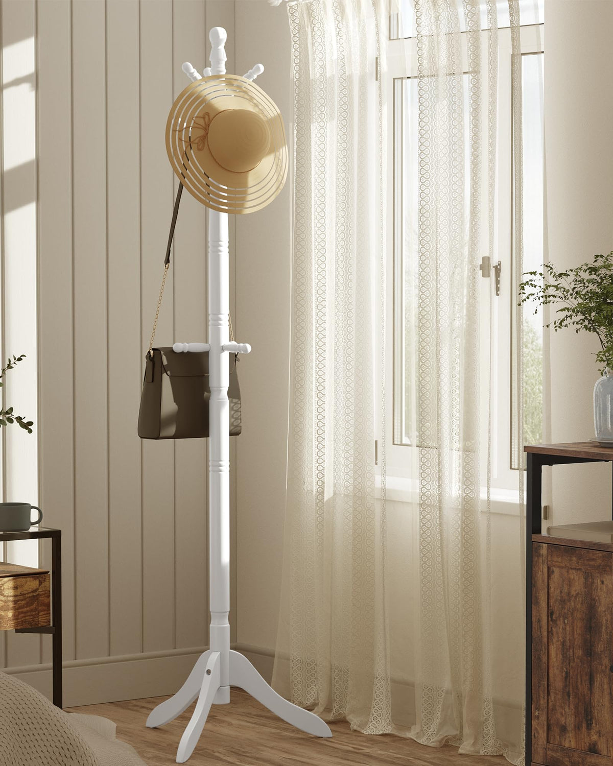 Solid Wood Coat Tree with 9 Hooks, Cloud White, 70.5 Inch Tall