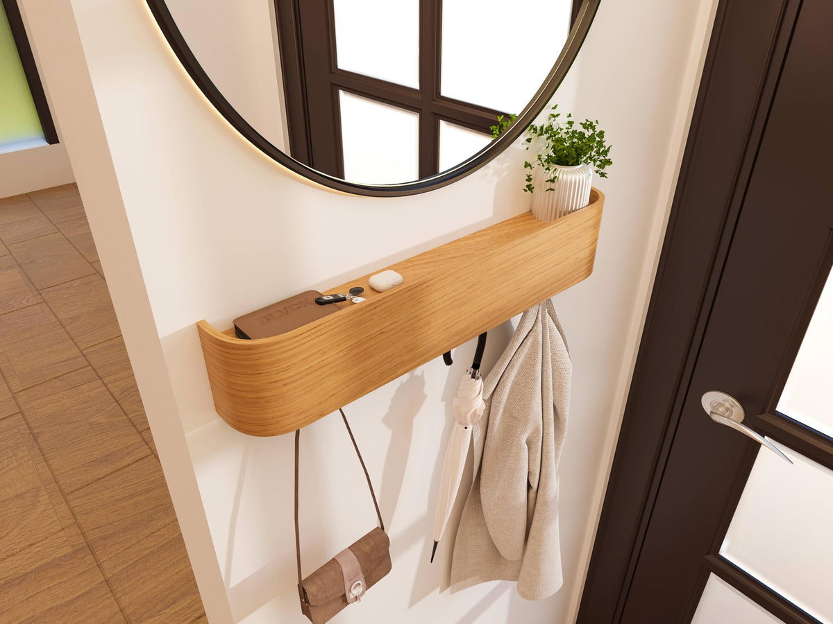 Wooden Wall Coat Rack with Shelf and 6 Hooks, 17.3 Inch, Beige