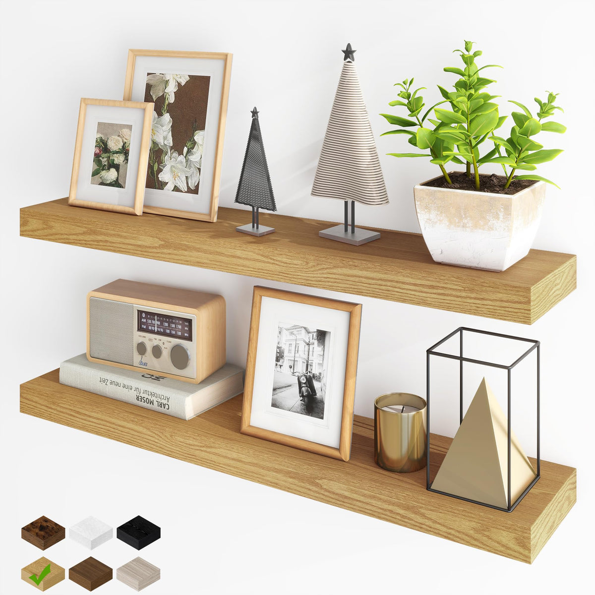 Oak Floating Shelves, 36 Inch, Set of 2 with Hidden Brackets