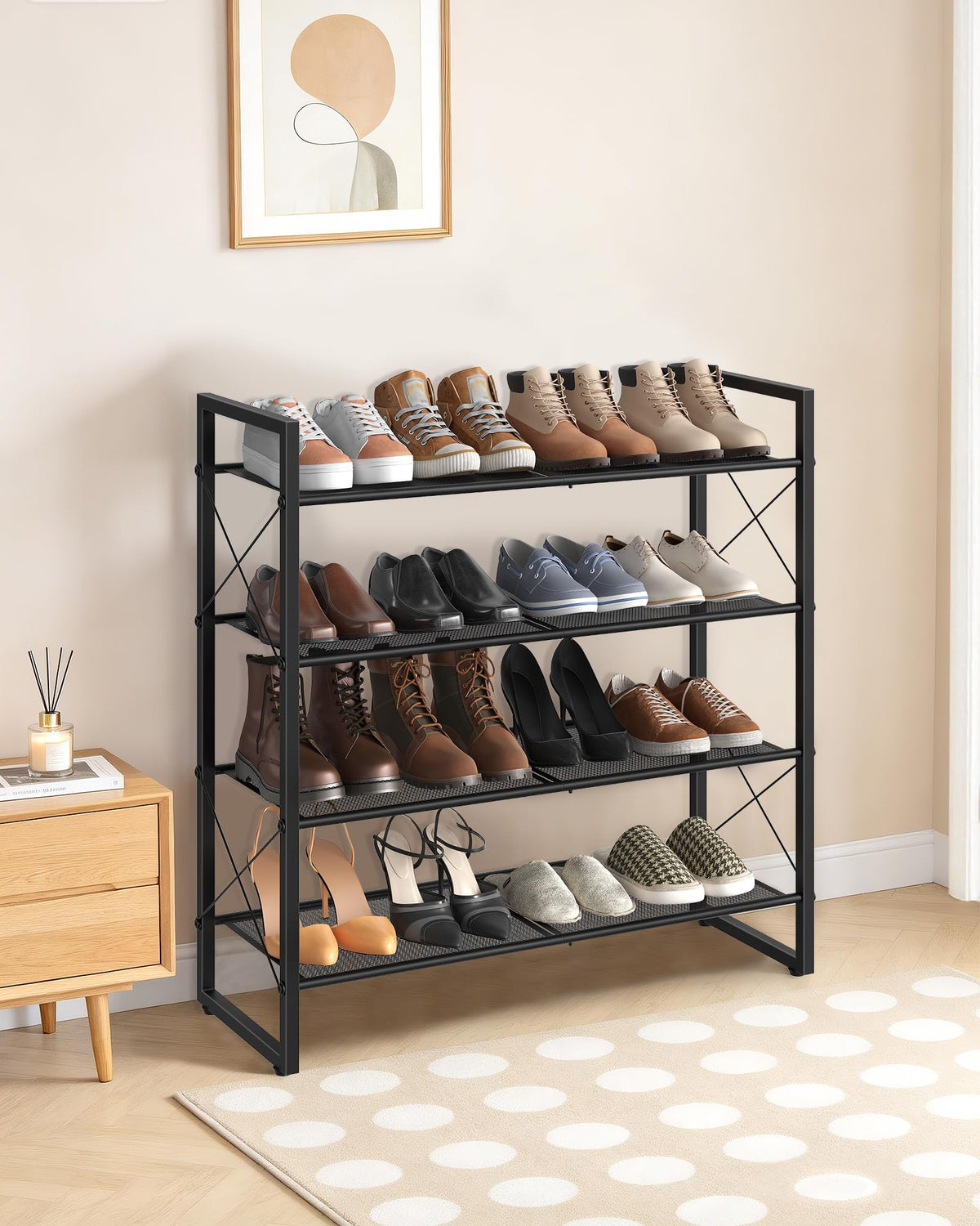 4 Tier Black Shoe Rack with Mesh Shelves and Adjustable Feet, 30 Inch
