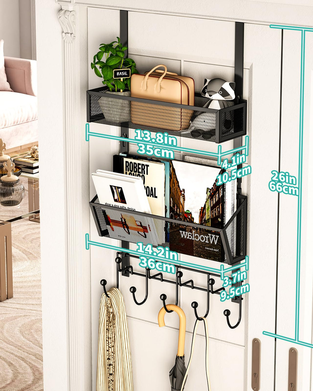 Black Over the Door Organizer, 9 Hooks and 2 Baskets, 304 Stainless Steel