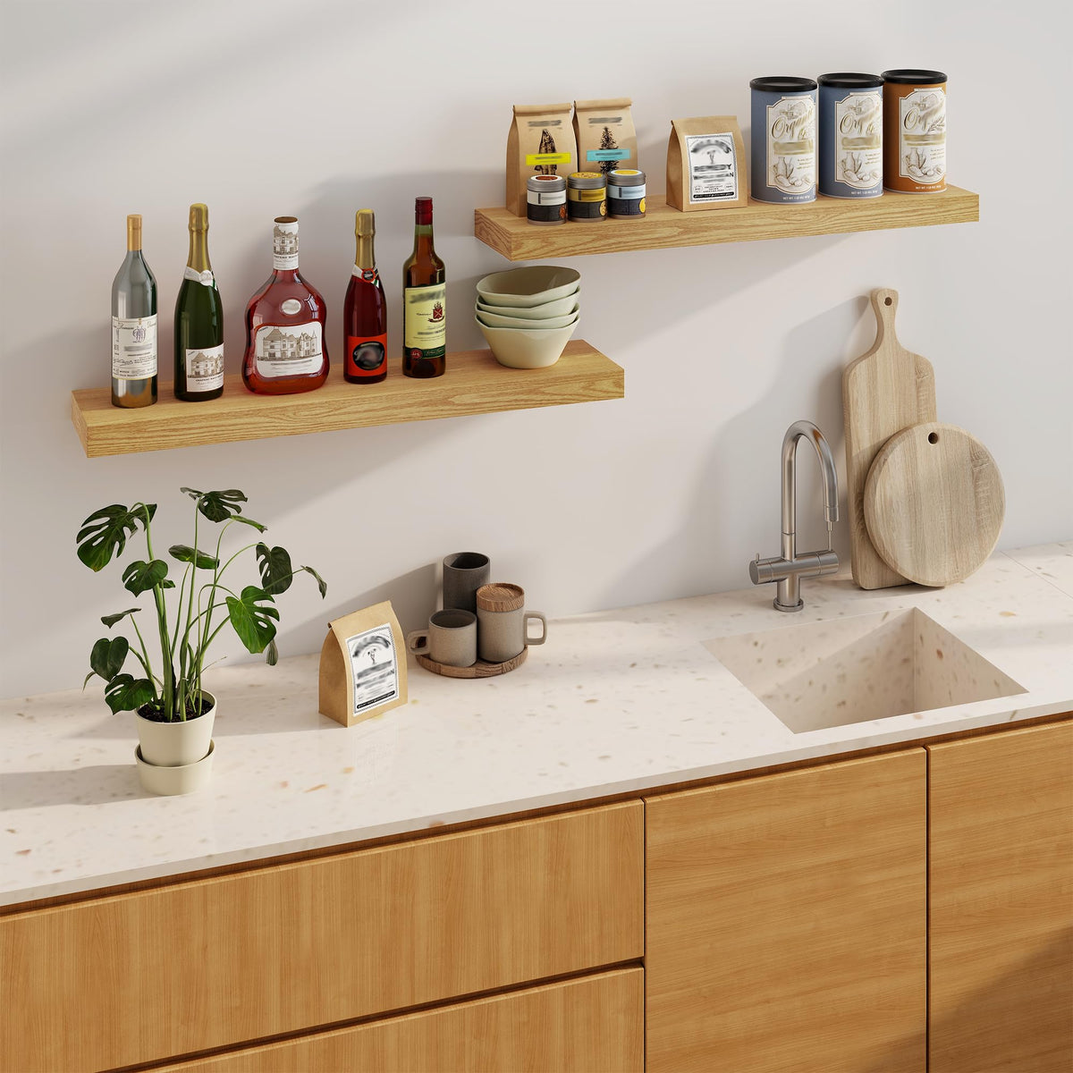 Oak Floating Shelves, 36 Inch, Set of 2 with Hidden Brackets