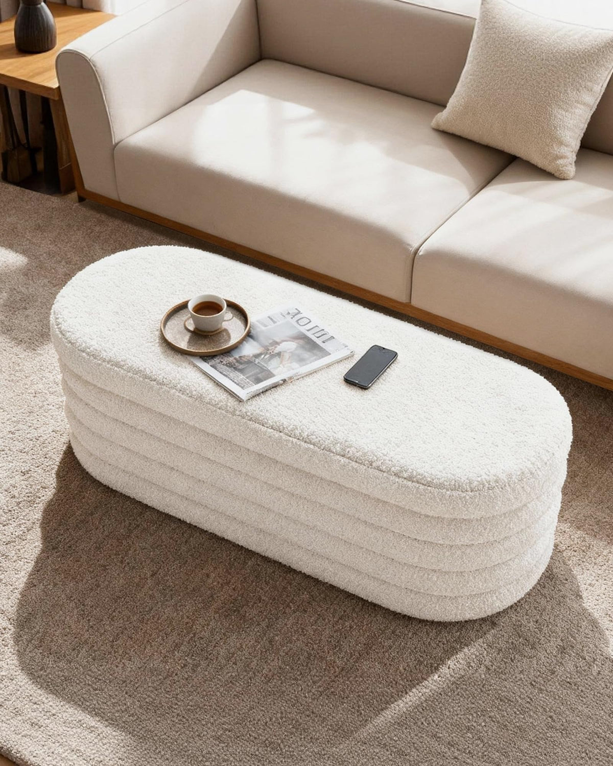 Oval Sherpa Storage Ottoman Bench, 43.3 Inch, White Foldable Seat