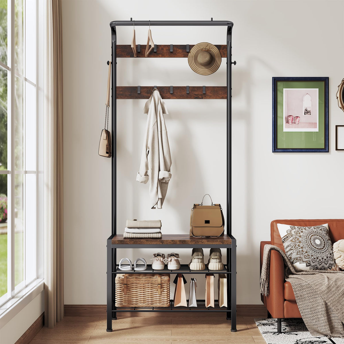 4 in 1 Hall Tree with Shoe Bench, 10 Hooks and Storage Shelf, Deep Brown