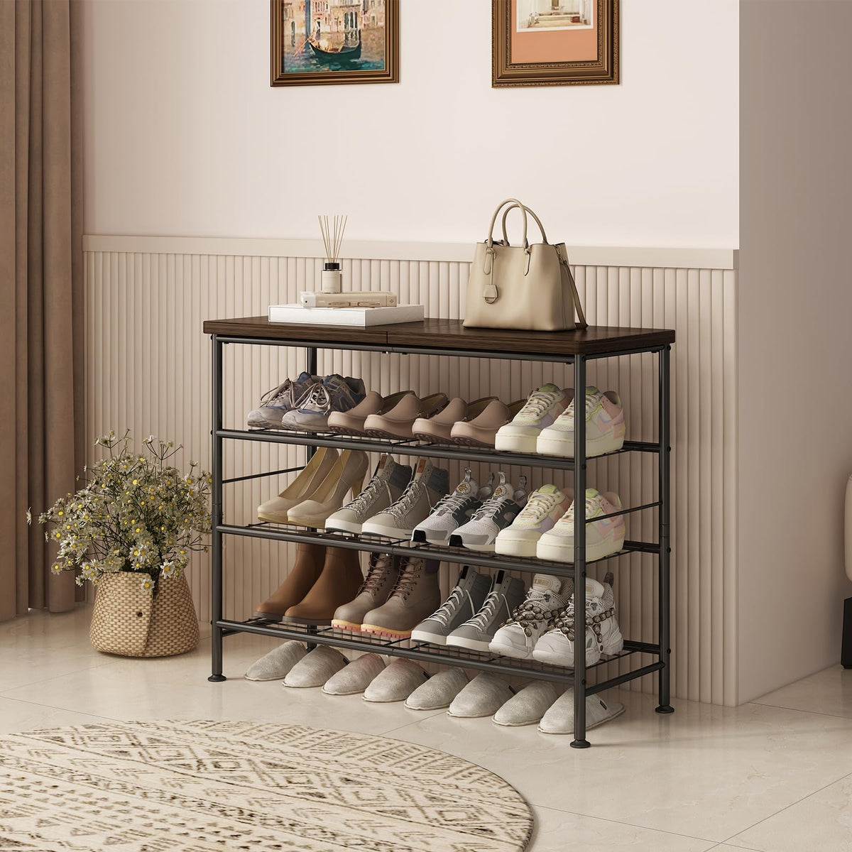 4 Tier Industrial Shoe Rack, 31.5 Inch, Black and Rustic Brown