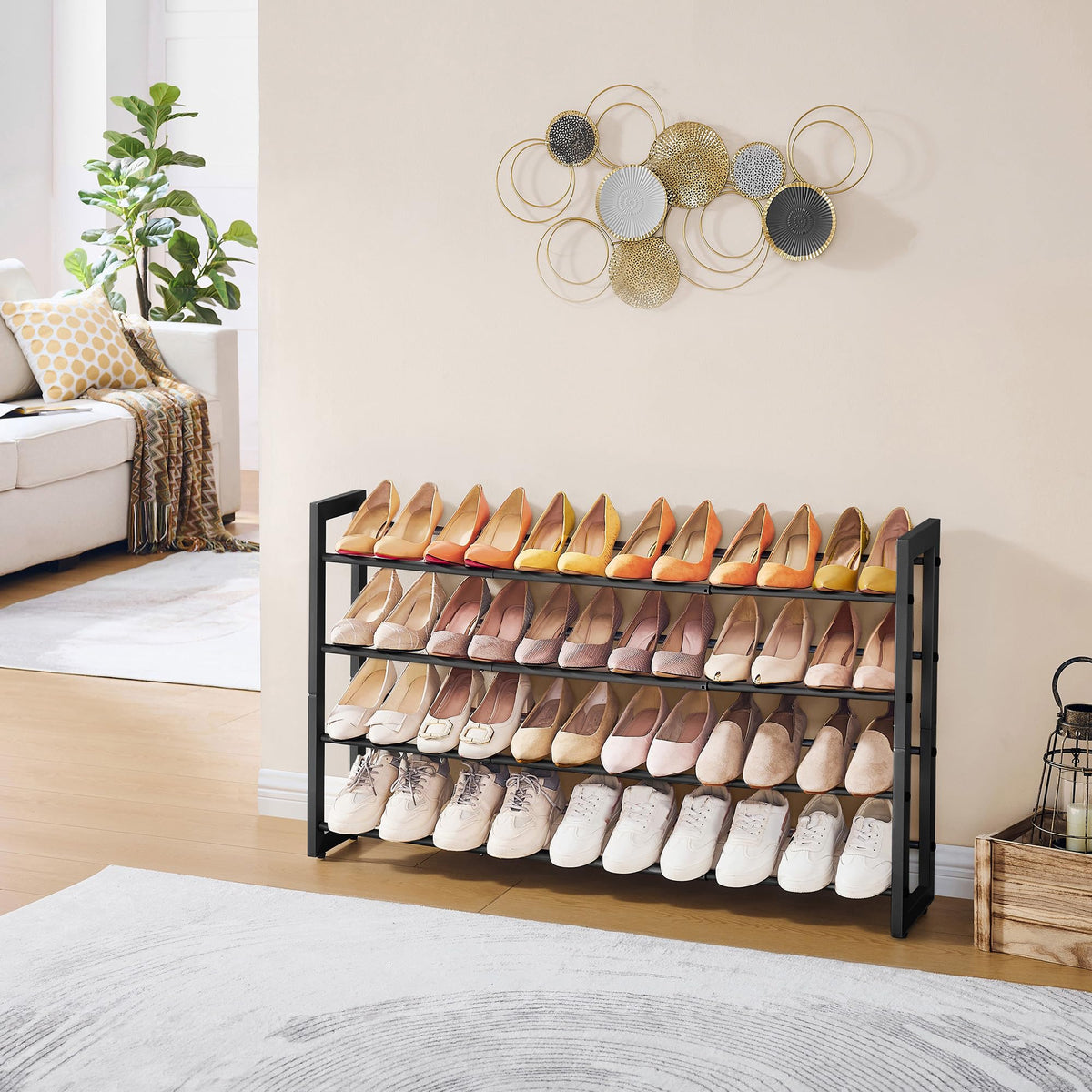 4 Tier Expandable Shoe Rack, 29.3 to 41.5 Inch Wide, Black Metal