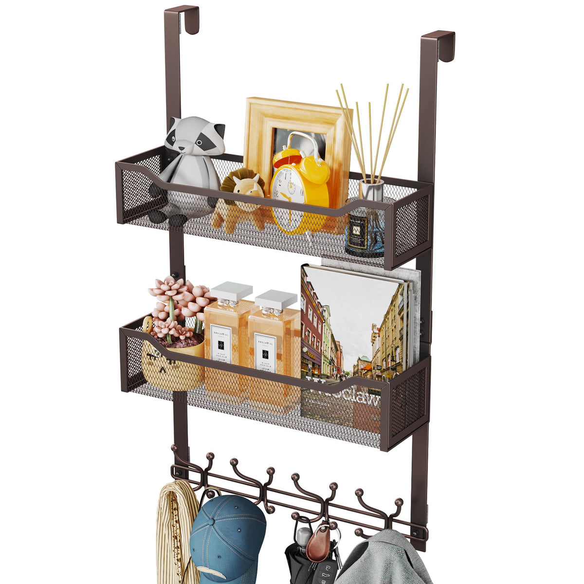 Bronze Door Hanger Organizer with 16 Hooks and 2 Baskets