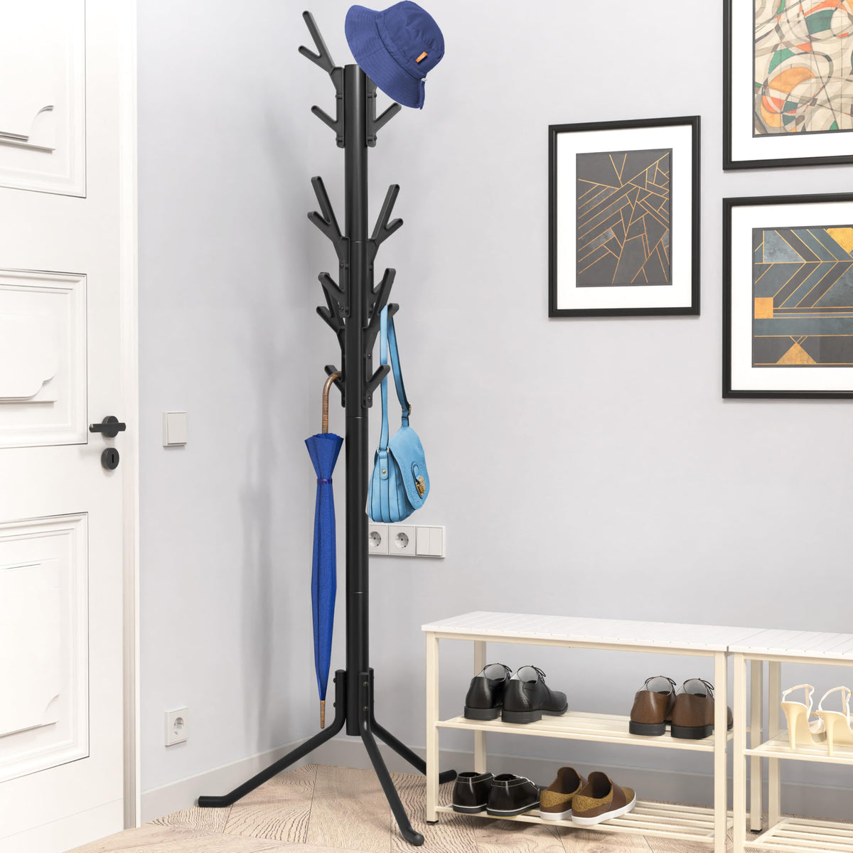 Tree Style Coat Stand with 18 Hooks, 71 Inch, Black Metal