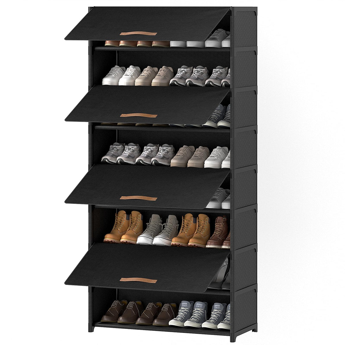 9 Tier Covered Shoe Cabinet, 36 Pair Storage, Black Fabric with Door