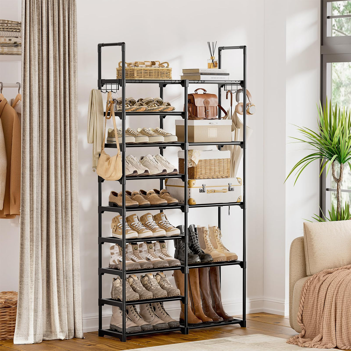 9 Tier Double Row Shoe Tower, Black Metal, Holds 30 to 35 Pairs