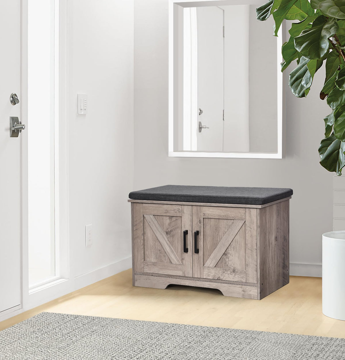 Greige Shoe Storage Bench, 27.6 Inch, Barn Doors and Padded Seat