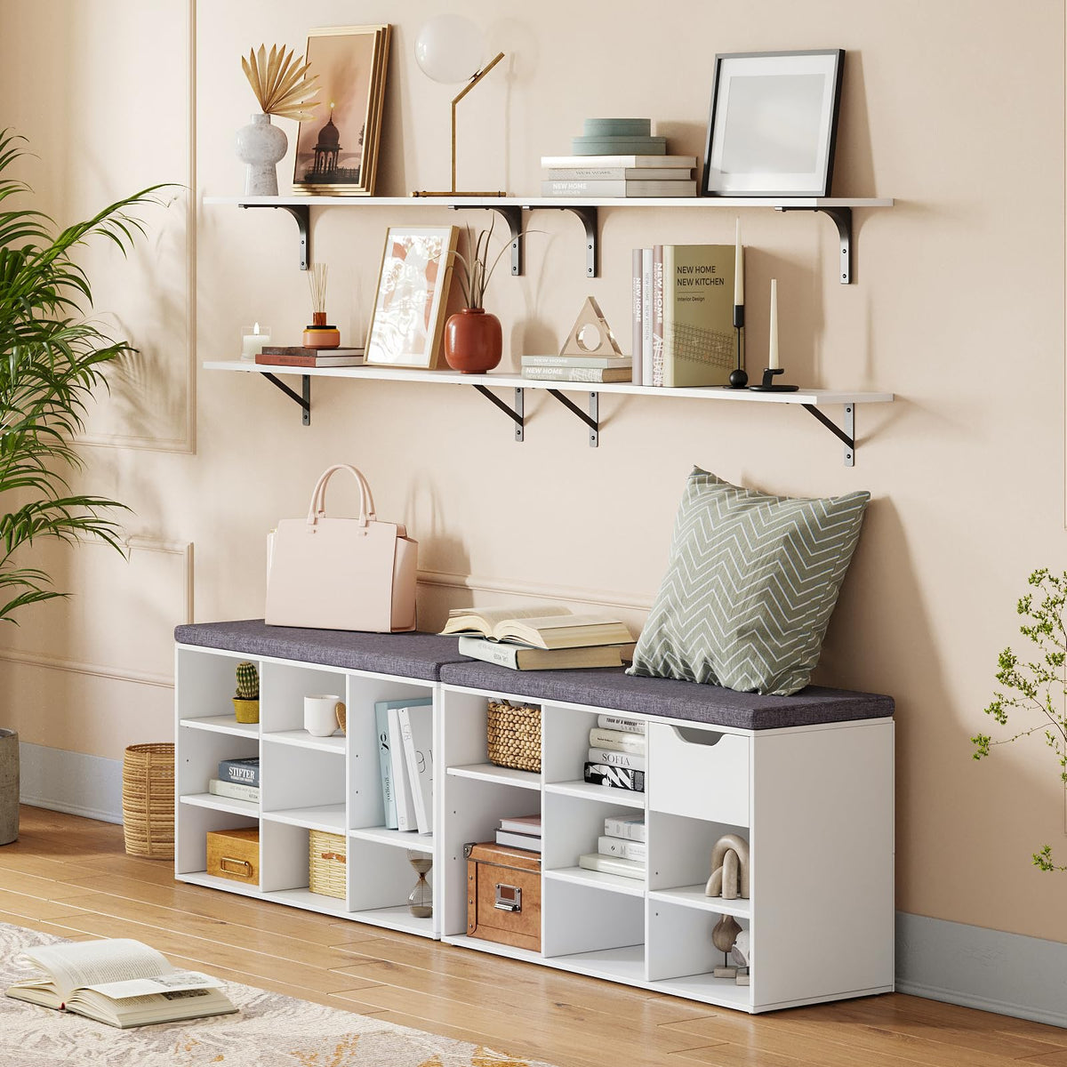 White Shoe Bench with Padded Seat, 9 Cubbies, 31.5 Inch