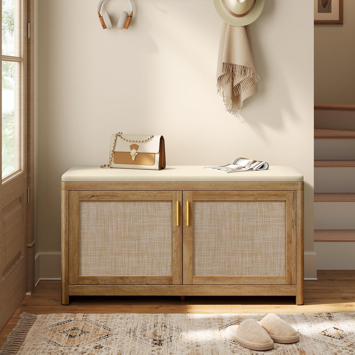 Boho Shoe Storage Bench with 2 Rattan-Look Doors, 39.4 Inch, Natural