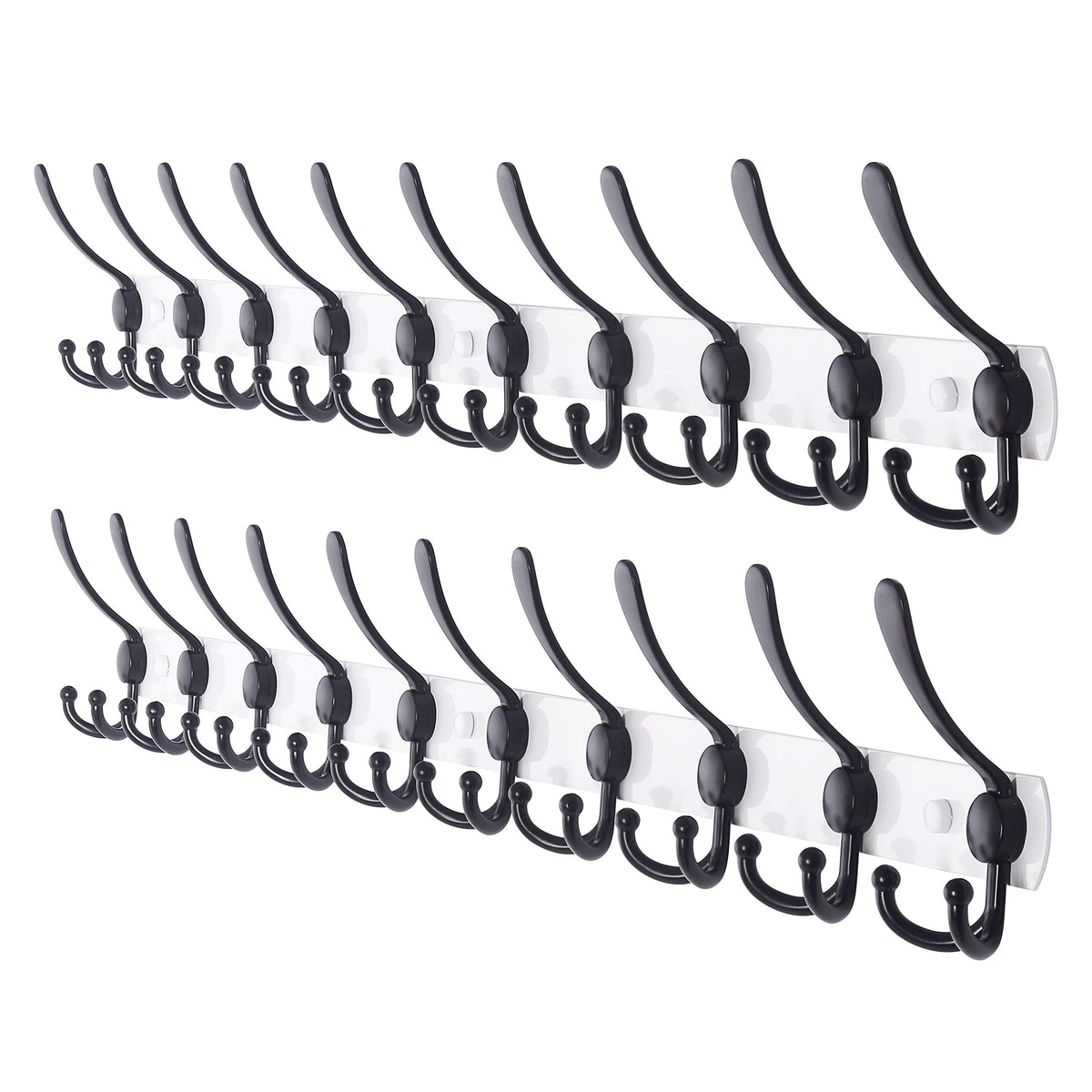 White and Black Coat Rack Rails, 38 Inch, 10 Tri Hooks, 2 Pack