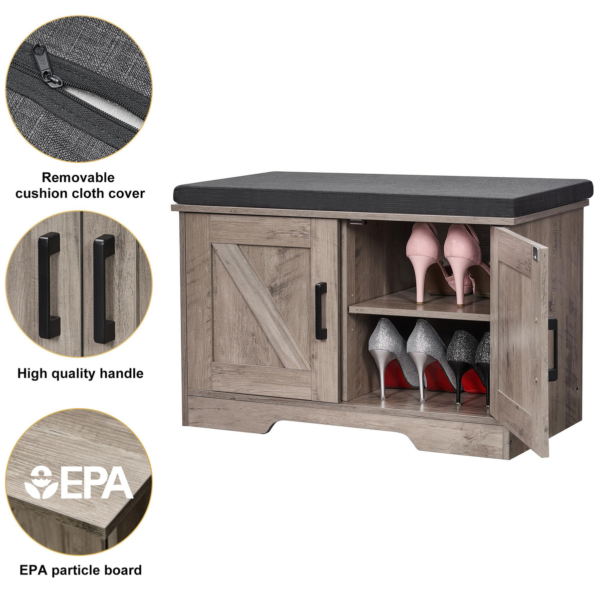 Greige Shoe Storage Bench, 27.6 Inch, Barn Doors and Padded Seat