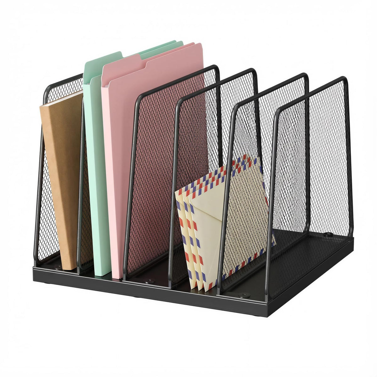 Black Upright File Sorter, 5 Sections, Metal Mesh with Wood Base