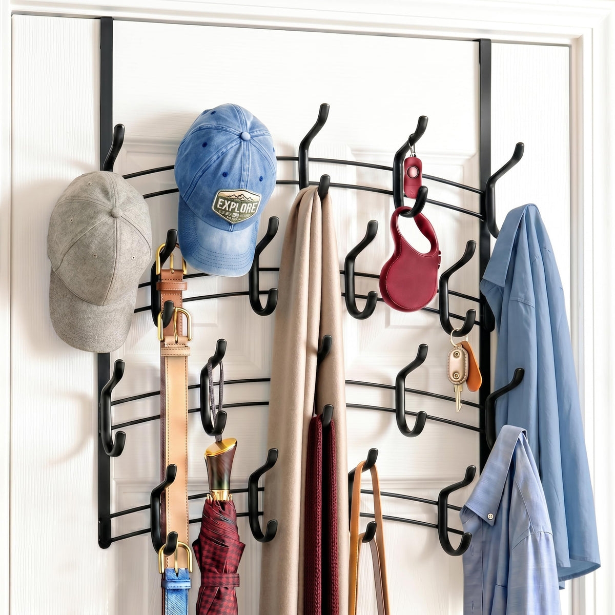 36 Hook Over the Door Hanger, 4 Tier Steel Rack, Piano Black