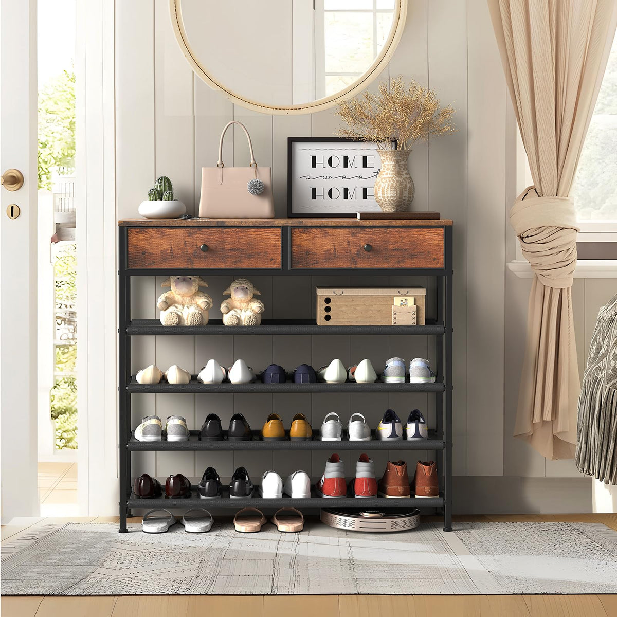 5 Tier Shoe Organizer with Drawers, Wood Top, 16 to 20 Pairs