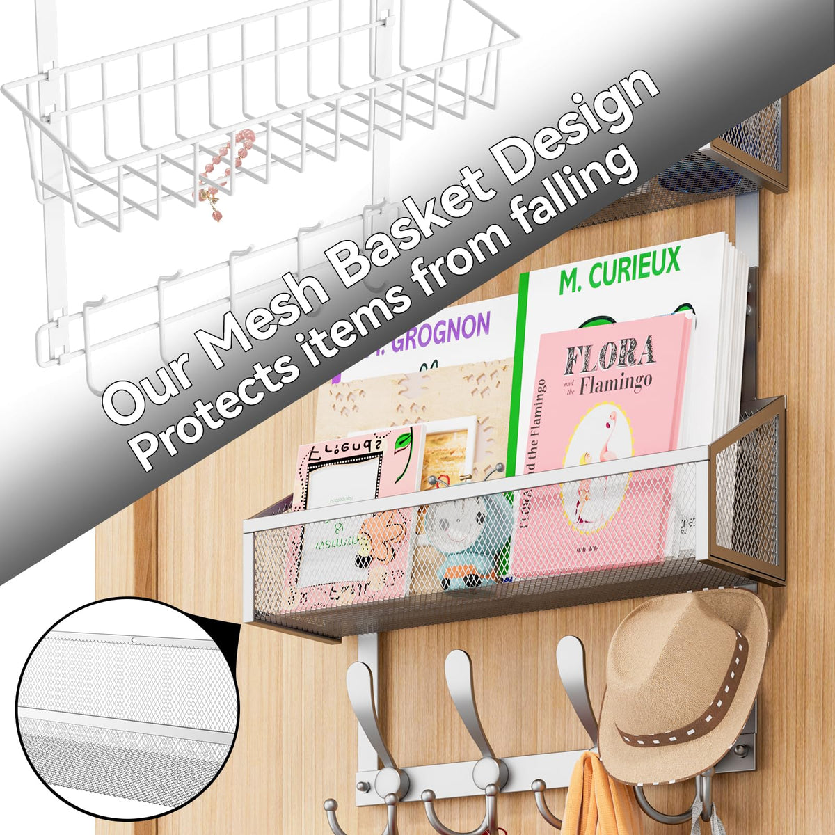 Silver 4 Tier Over the Door Organizer with Hooks and Mesh Baskets