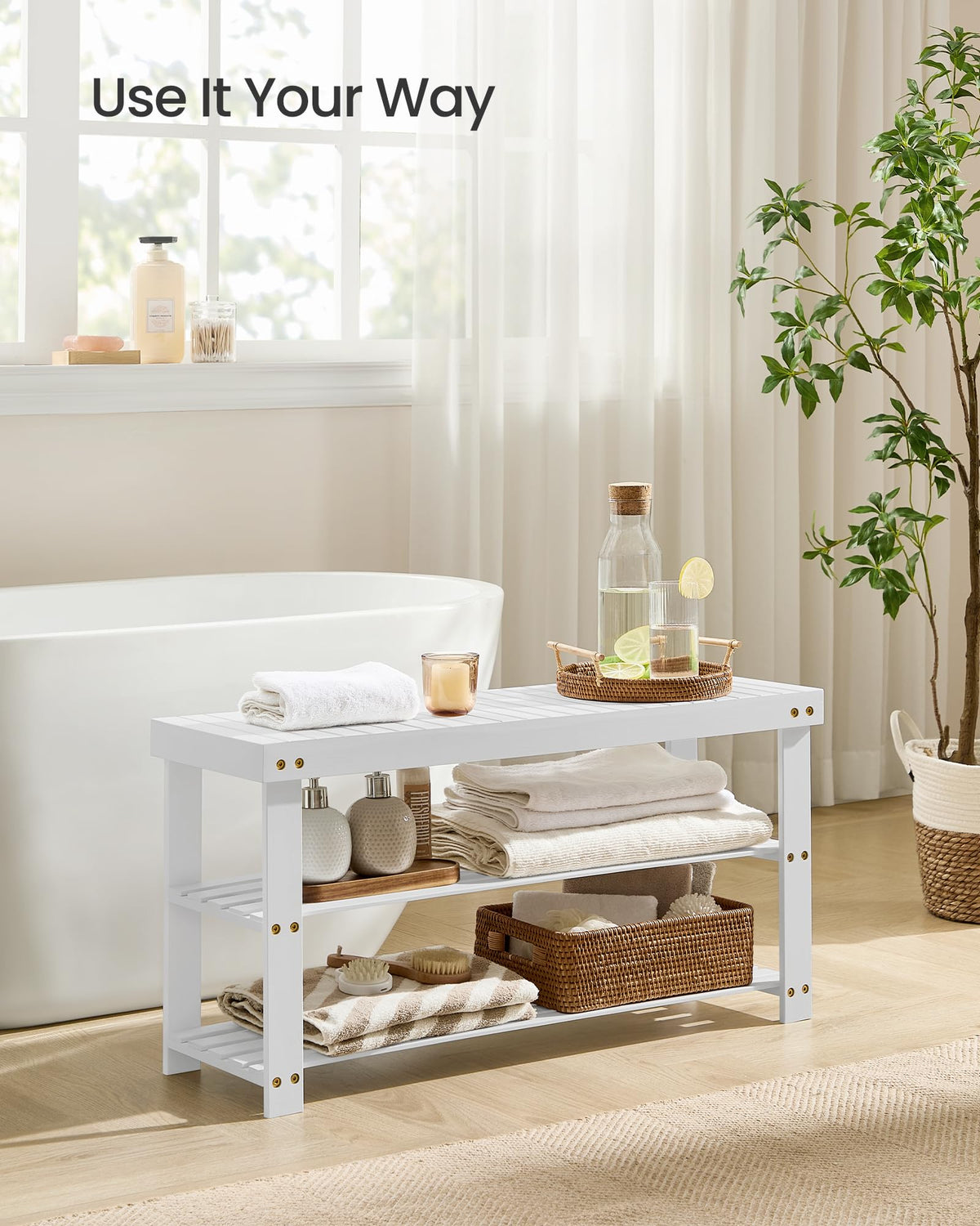 White Bamboo Shoe Rack Bench, 3 Tier, 35.4 Inch Wide
