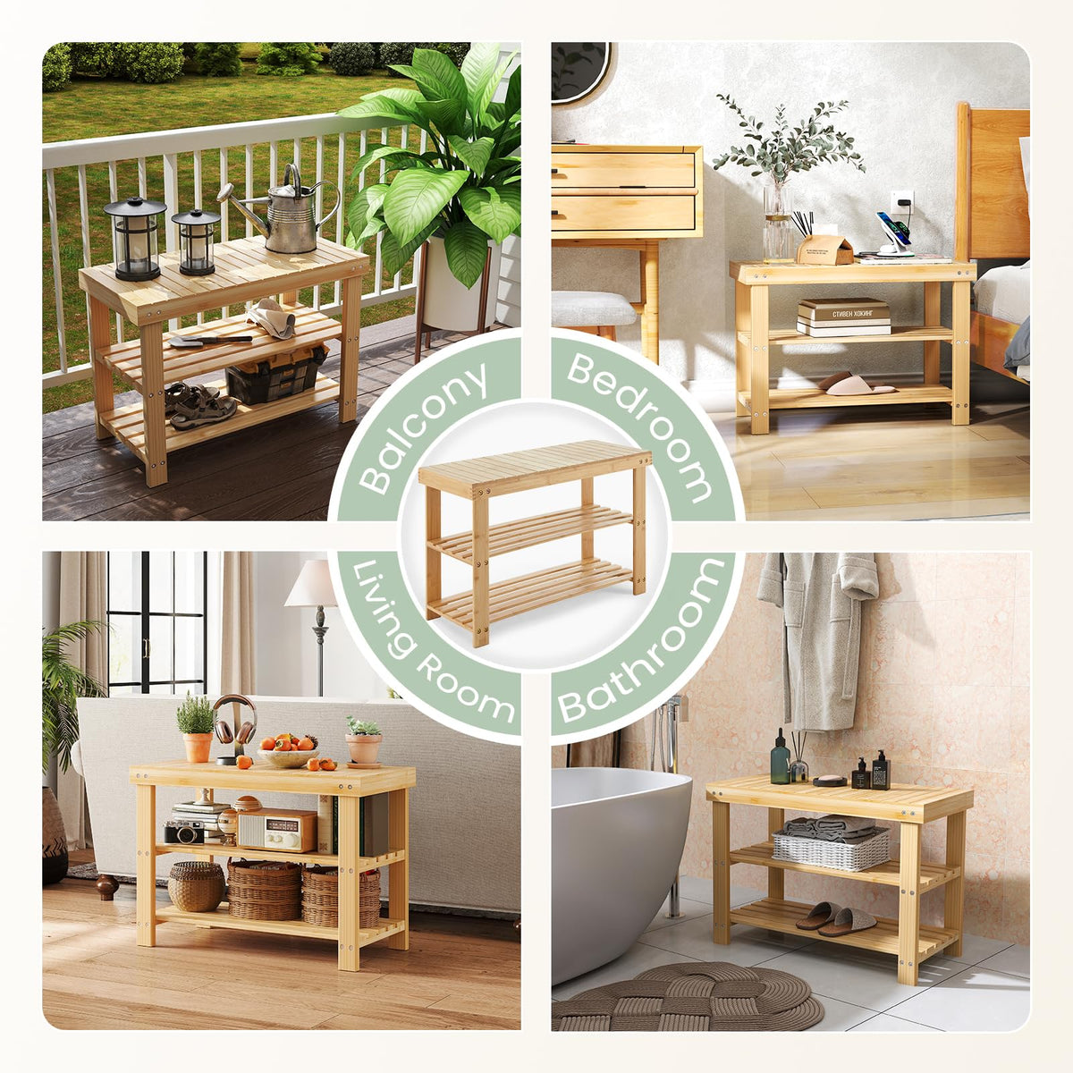 3-Tier Bamboo Shoe Rack Bench with Storage, Wooden Entryway Bench, Classic Wood