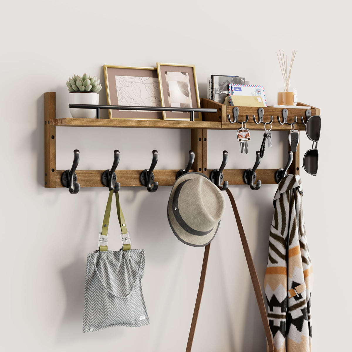 29 Inch Wall Coat Rack with Shelf, 7 Hooks and 4 Key Hooks, Brown