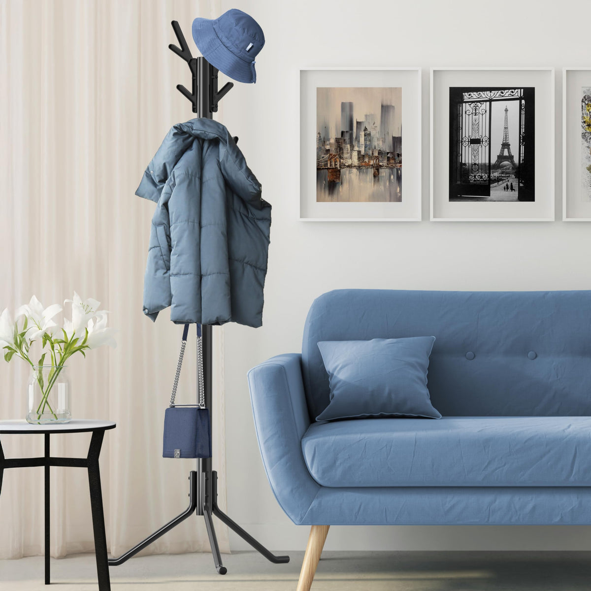 Tree Style Coat Stand with 18 Hooks, 71 Inch, Black Metal