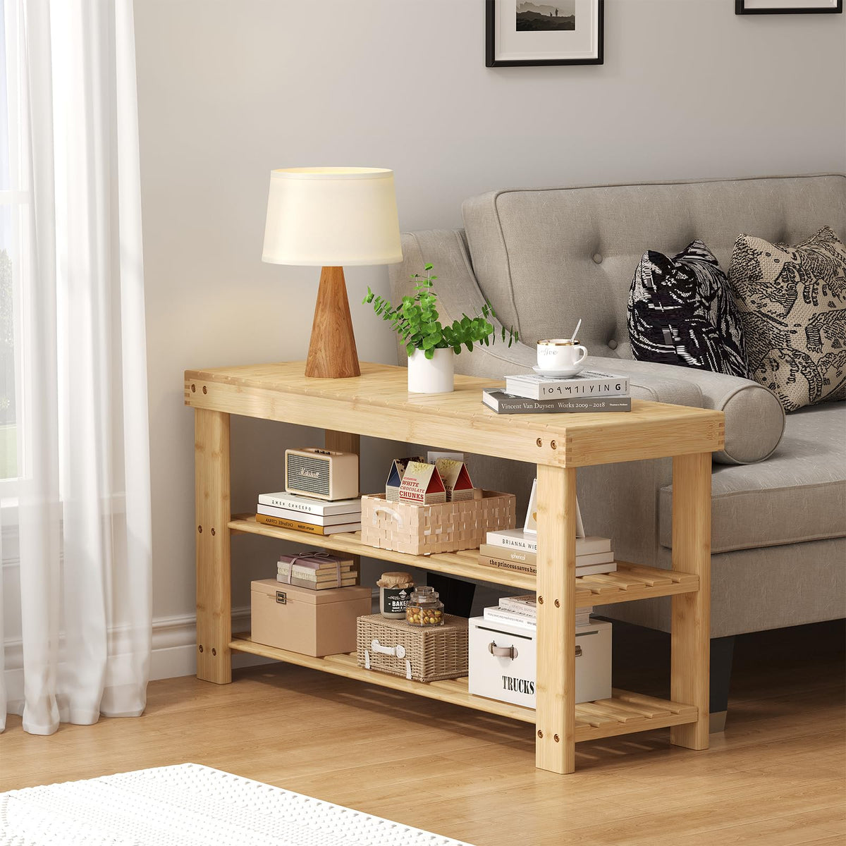Natural Bamboo Shoe Bench, 35.4 Inch, 3 Tier Seat with Storage