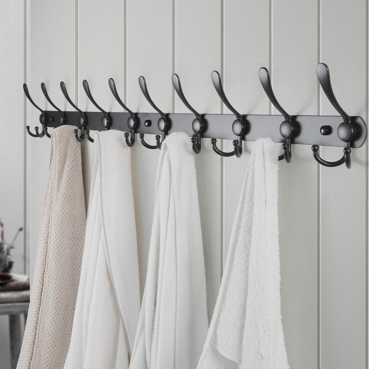 Long Black Coat Rack Rail, 38 Inch, 10 Triple Hooks for Wall