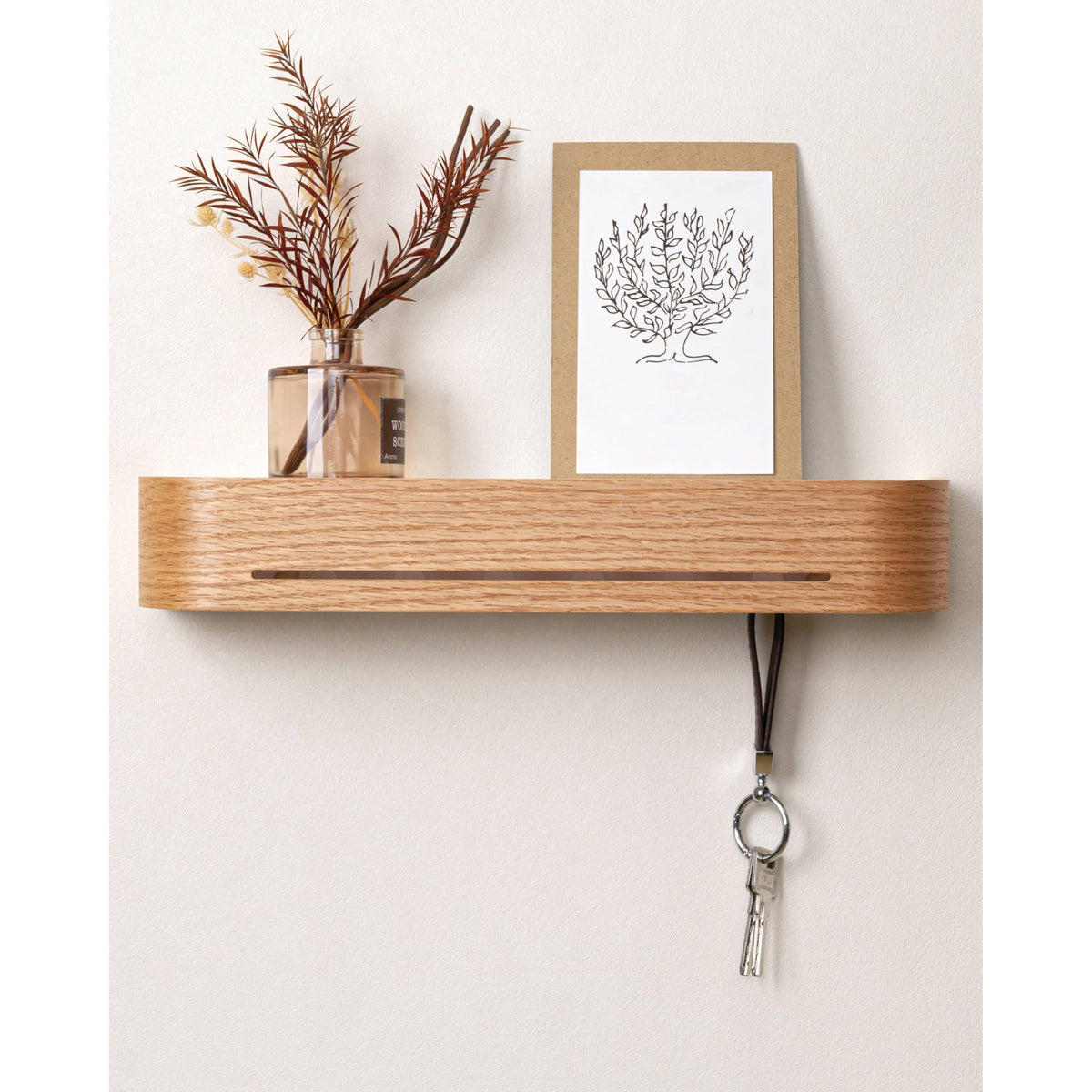 Key Holder Shelf with Sliding Hide-Away Hooks, 16 Inch, Oak Finish