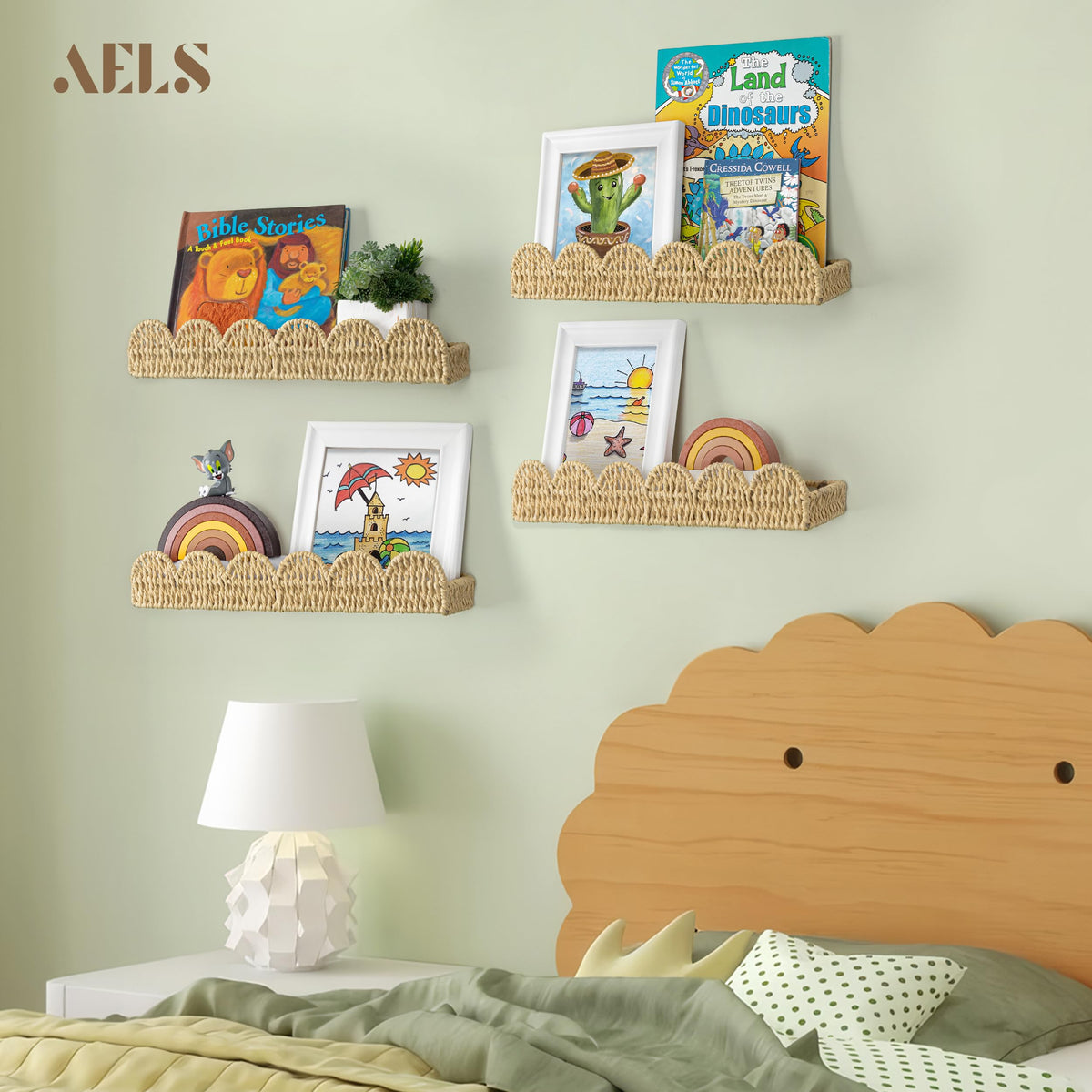 Scalloped Woven Picture Ledge Shelves, Set of 4, 15.7 Inch, Beige