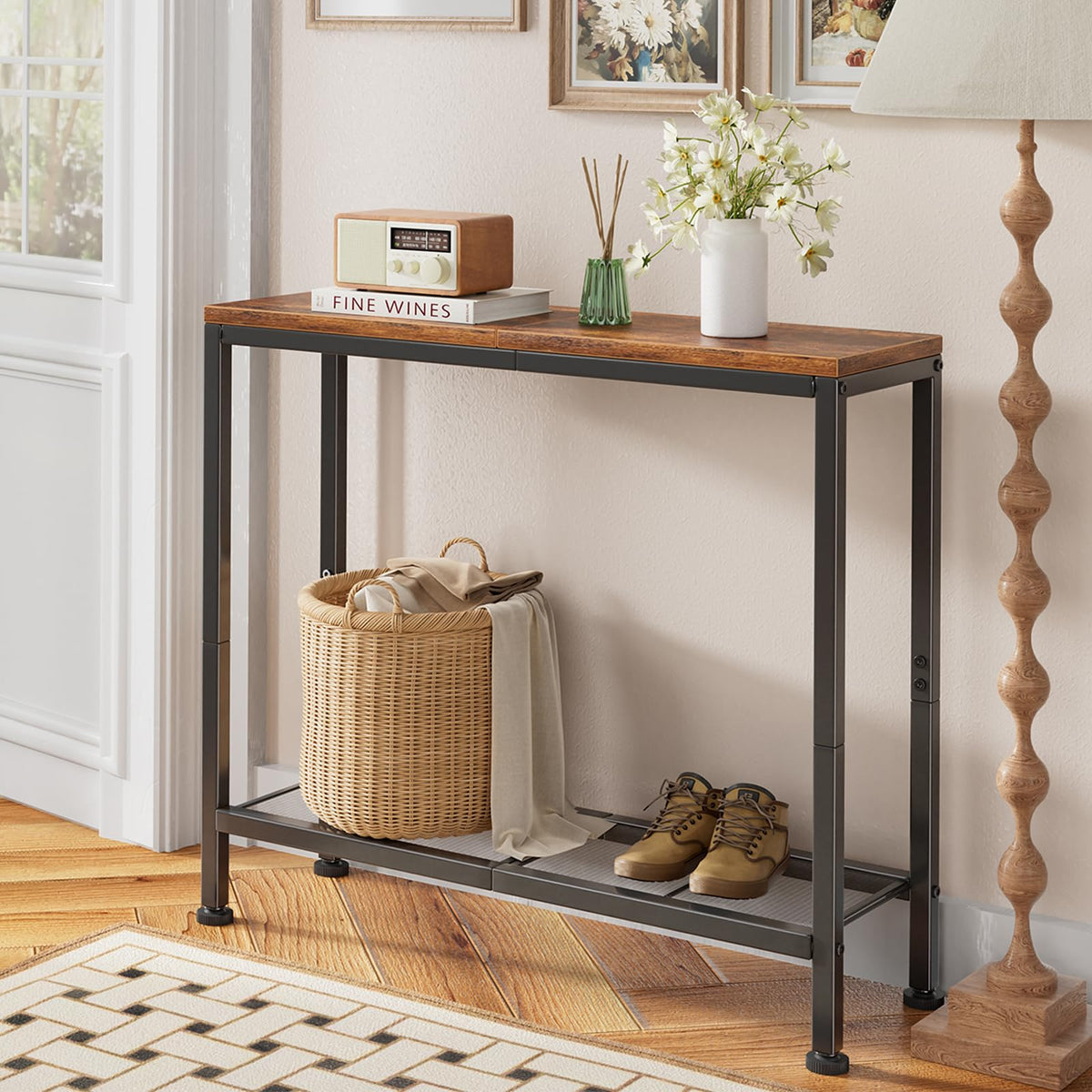 32 Inch Console Table with Mesh Storage Shelf, Brown Wood Top