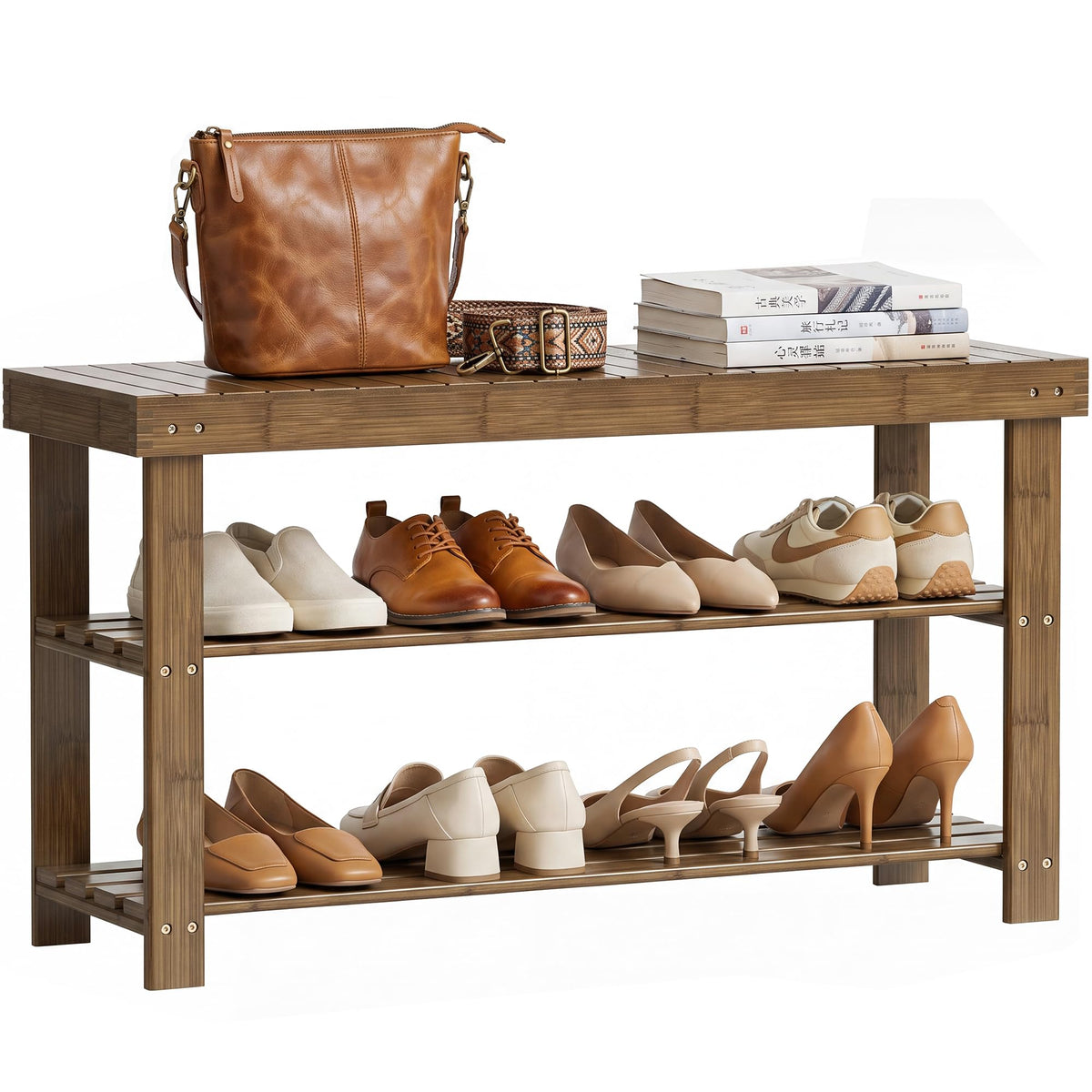 Walnut Bamboo Shoe Bench, 3 Tiers, 33.9 Inch Wide