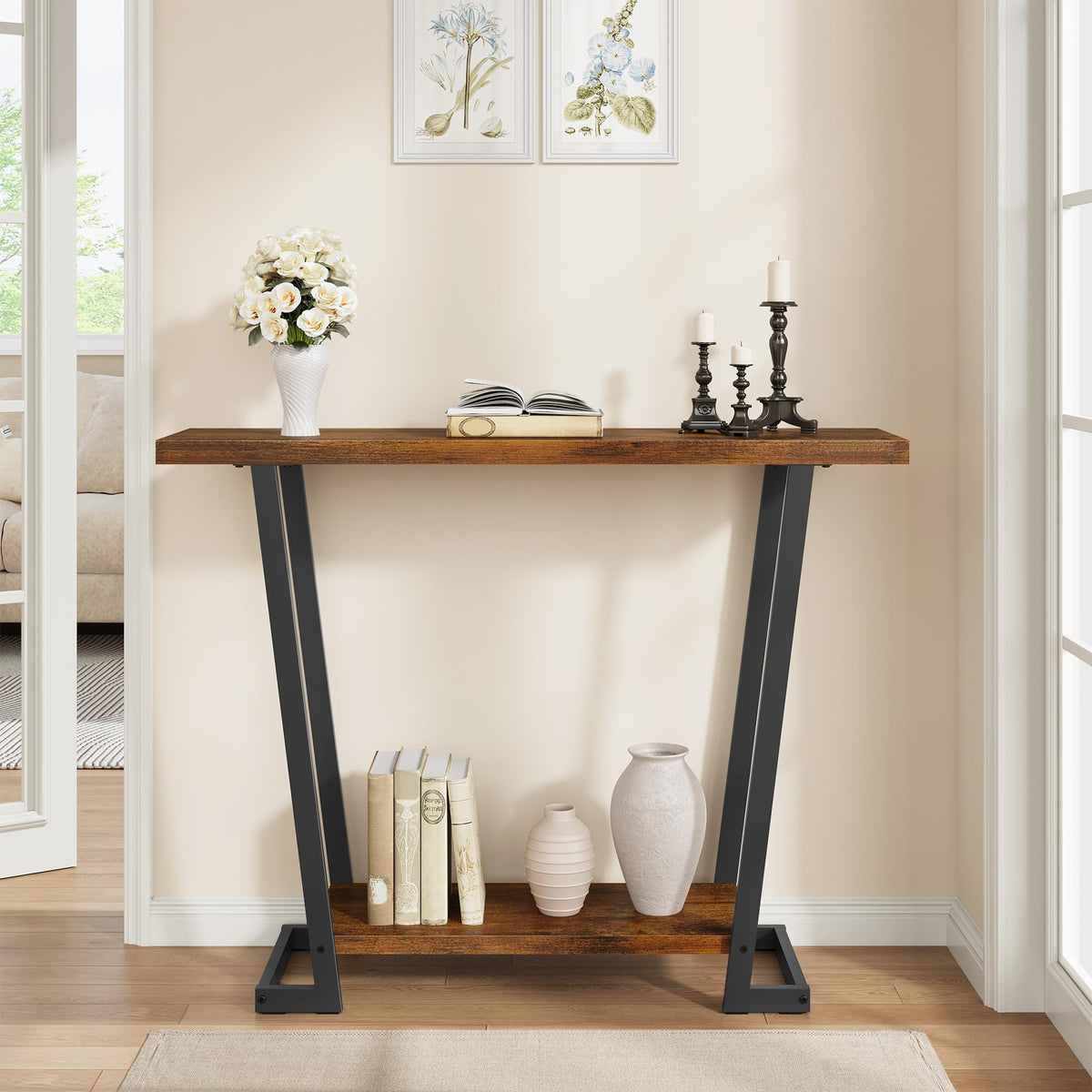 Rustic Brown Slim Entry Table, 2 Open Tiers, 31.5 Inch