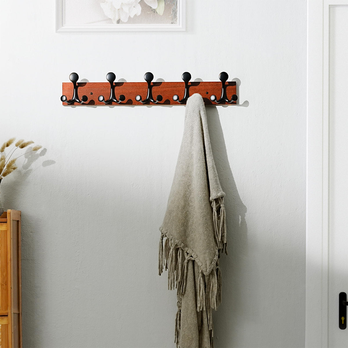 24 Inch Cherry Coat Rack with 5 Triple Hooks, Wall Mount