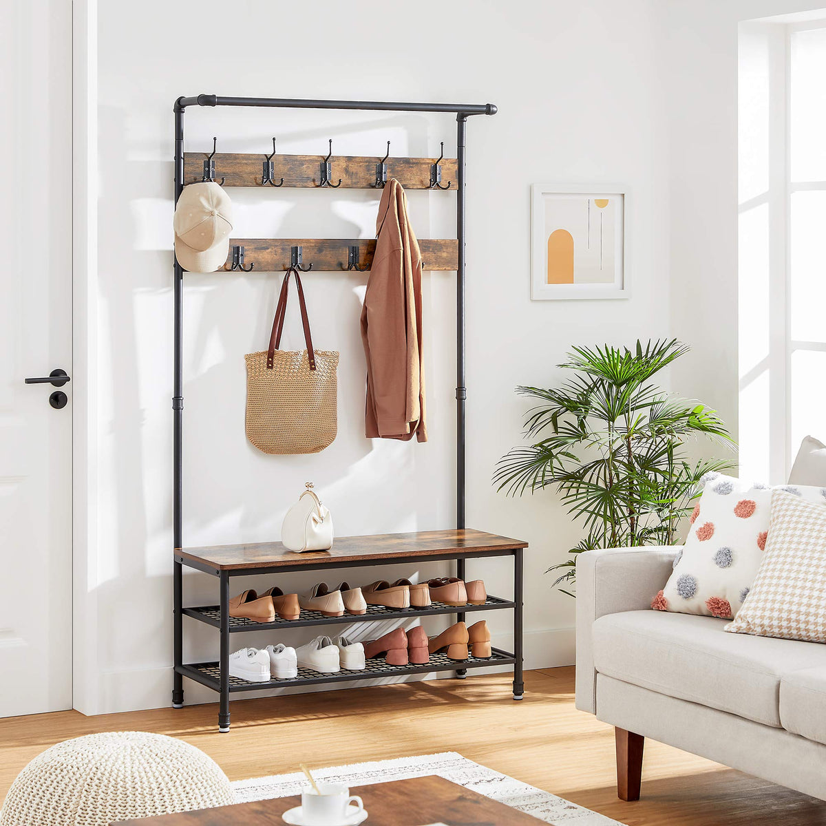 Industrial Hall Tree with Bench, 9 Hooks and Hanging Rail, Rustic Brown