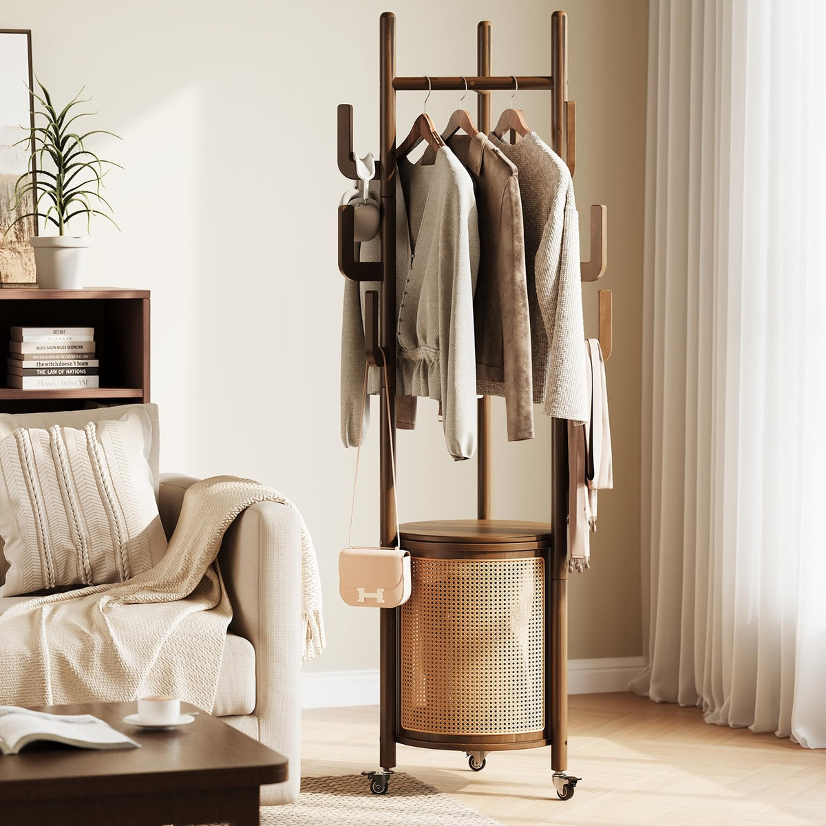 Rolling Wood Coat Rack with Rattan Basket, 65 Inch, Walnut