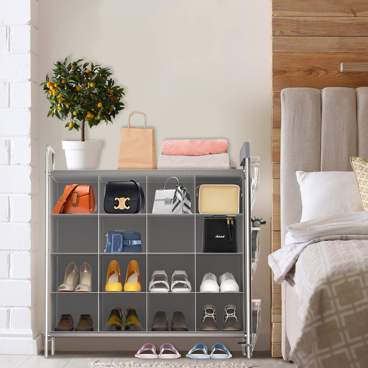 16 Cube Shoe Cubby Rack, 4 Tier, Gray, with Side Pockets