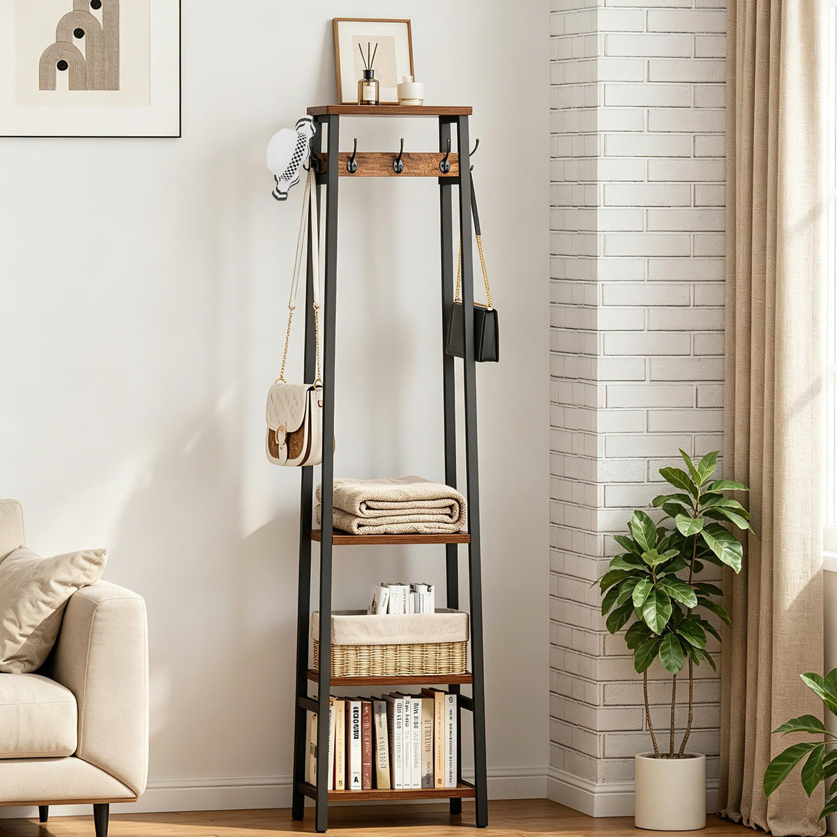 Freestanding Coat Rack with 3 Shelves and 7 Hooks, Rustic Brown