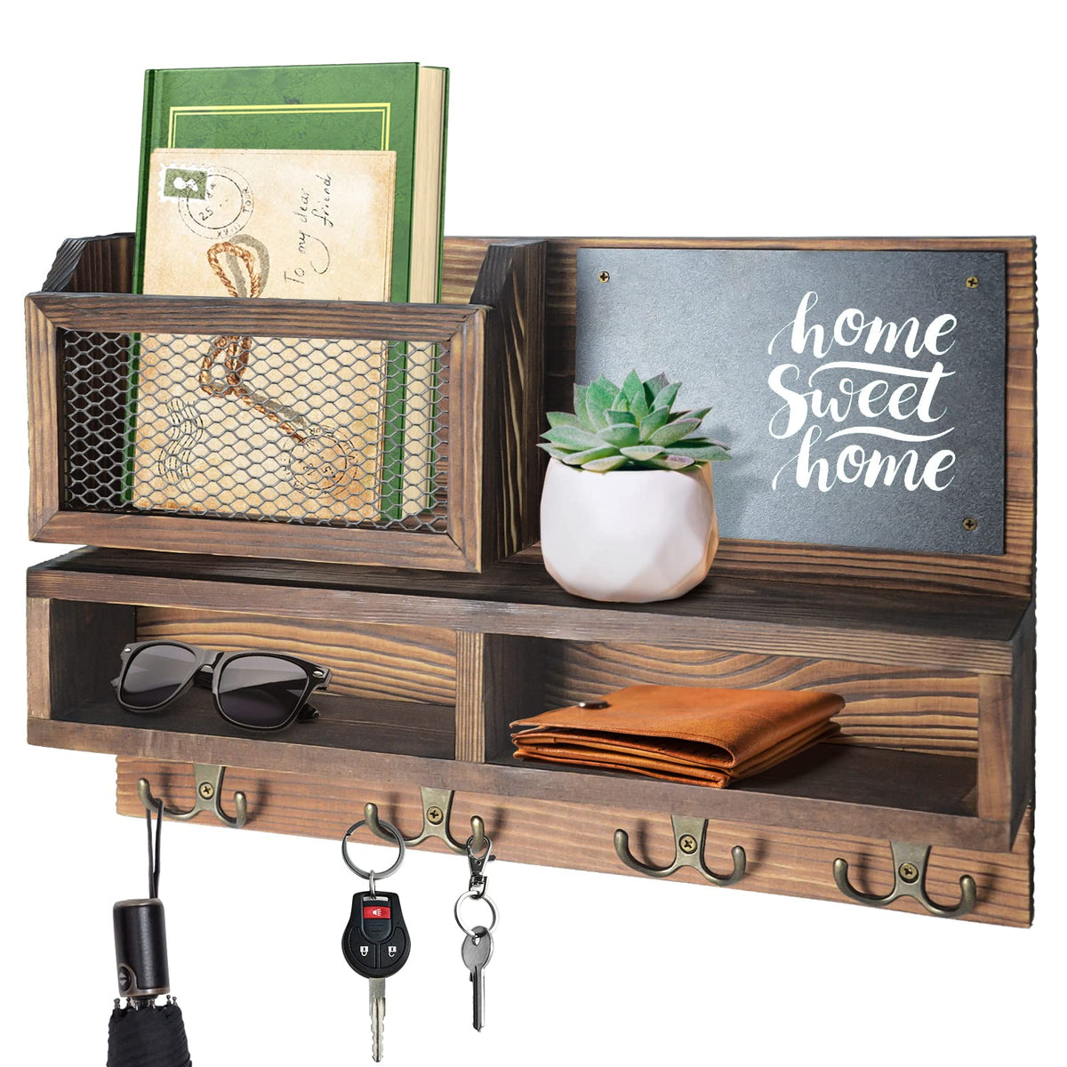 Pine Wall Key and Mail Organizer with Chalkboard and 4 Double Hooks