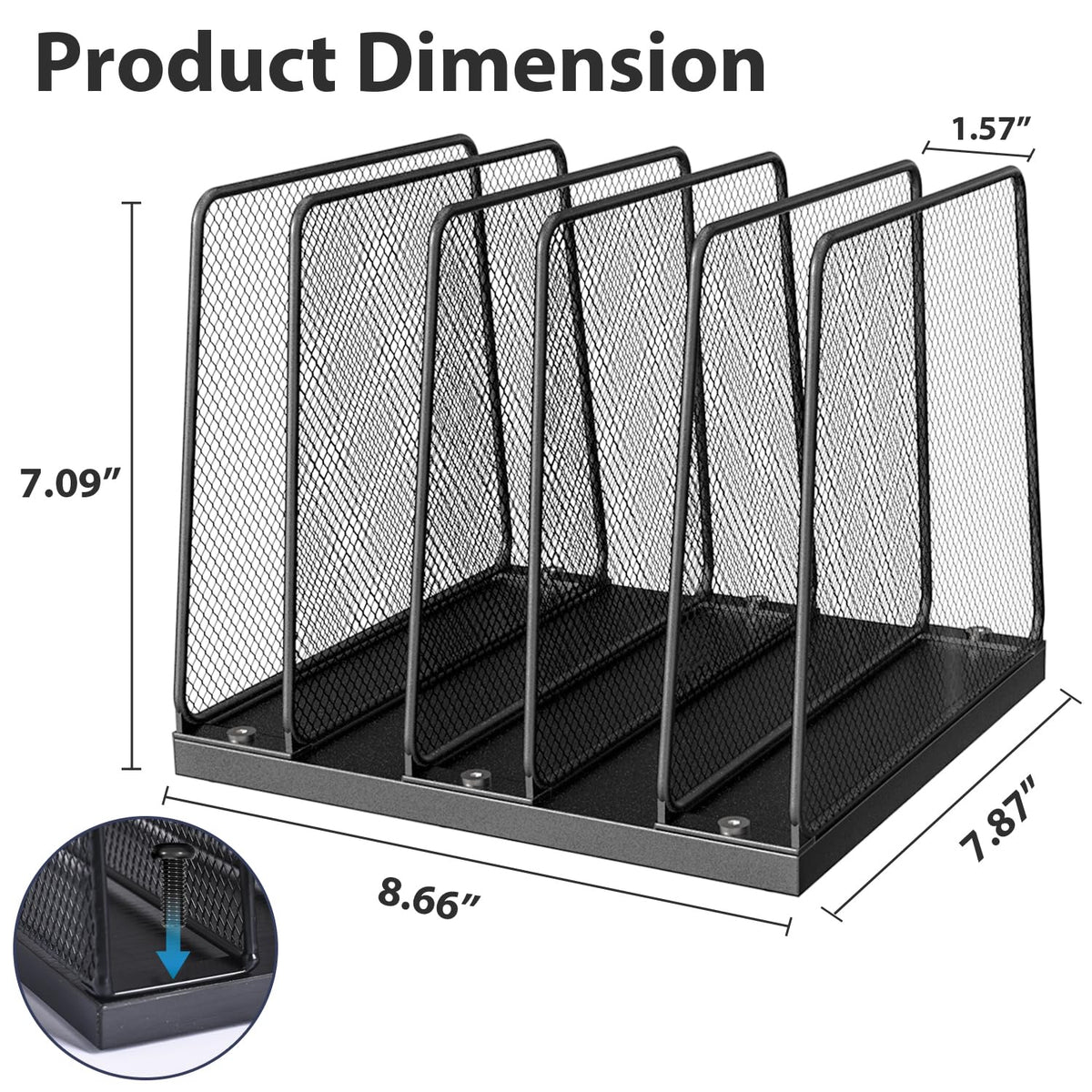 Black Upright File Sorter, 5 Sections, Metal Mesh with Wood Base