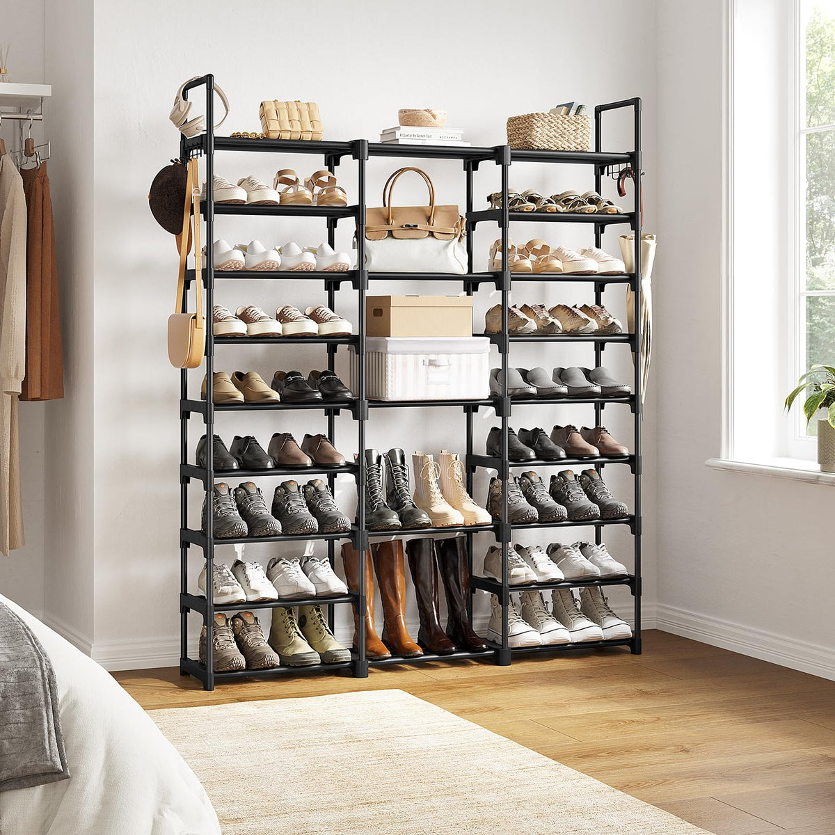 9-Tier 3-Column Shoe Rack for 50-55 Pairs, Large Stackable Shoe Organizer, Black