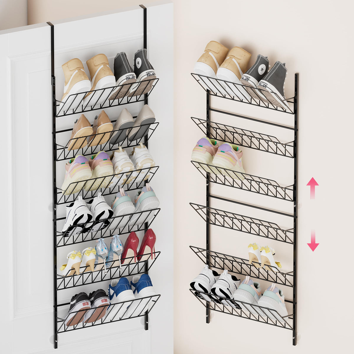 Black Metal Door Shoe Organizer, 6 Tier Adjustable Hanging Rack